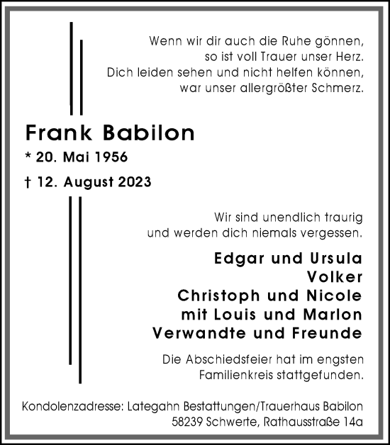 Traueranzeige von Frank Babilon von Ruhr Nachrichten