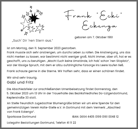 Traueranzeige von Frank Eckenga 