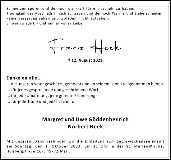 Traueranzeige von Franz Heek von Medienhaus Bauer