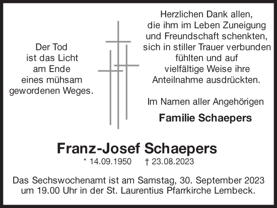 Traueranzeige von Franz-Josef Schaepers von Ruhr Nachrichten und Dorstener Zeitung