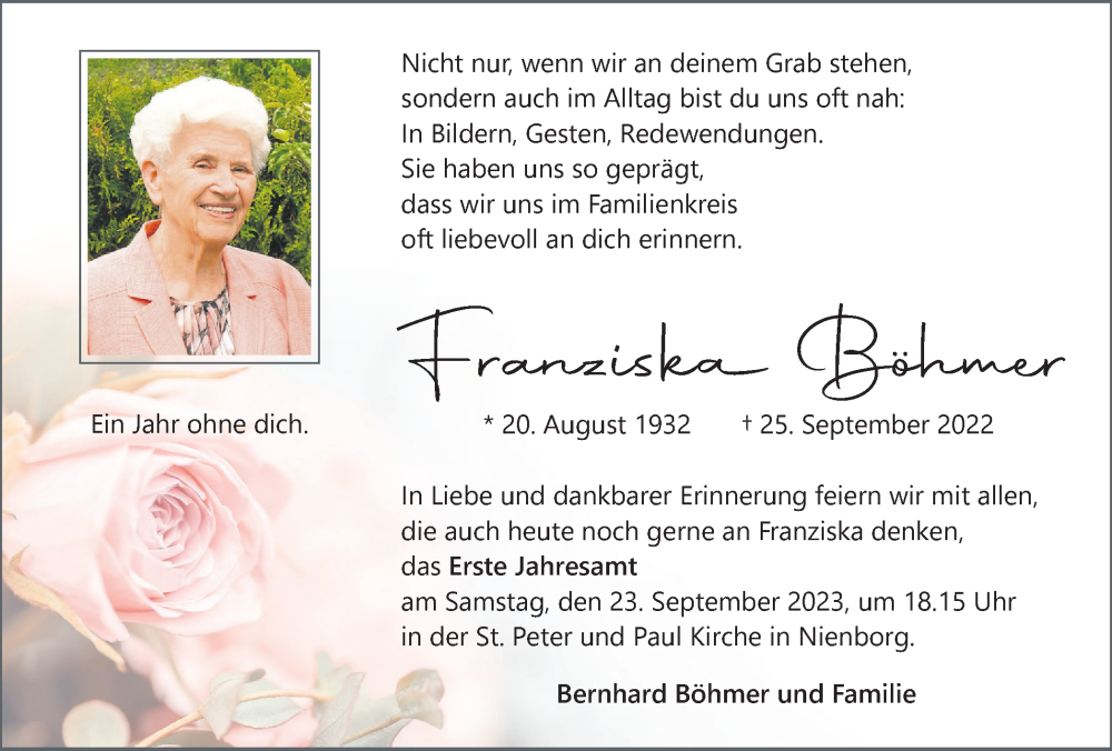  Traueranzeige für Franziska Böhmer vom 16.09.2023 aus Münstersche Zeitung und Münsterland Zeitung