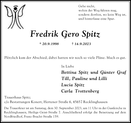 Traueranzeige von Fredrik Gero Spitz von Medienhaus Bauer