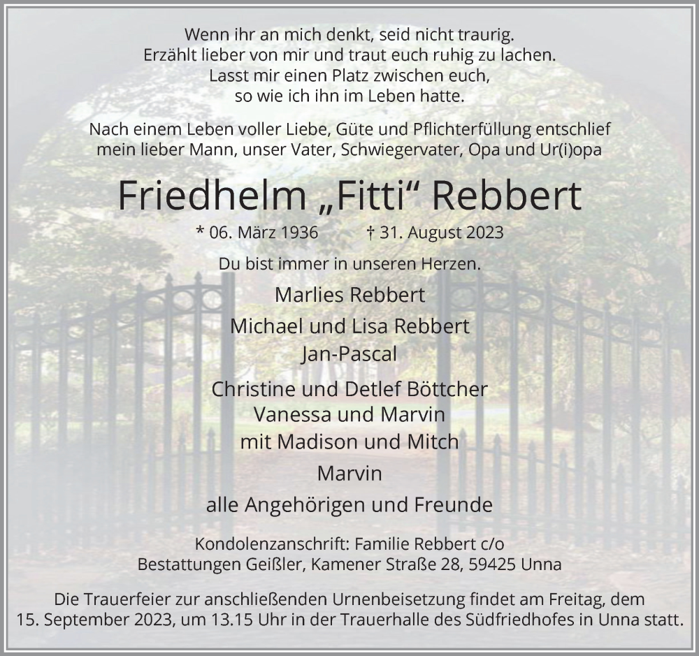  Traueranzeige für Friedhelm Rebbert vom 09.09.2023 aus Hellweger Anzeiger