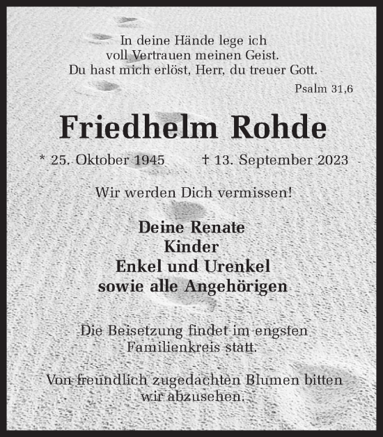 Traueranzeige von Friedhelm Rohde von Ruhr Nachrichten