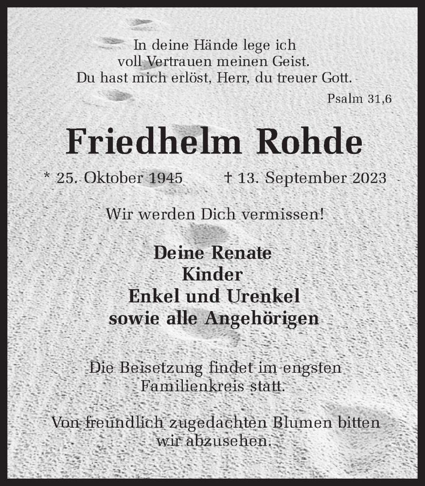  Traueranzeige für Friedhelm Rohde vom 16.09.2023 aus Ruhr Nachrichten