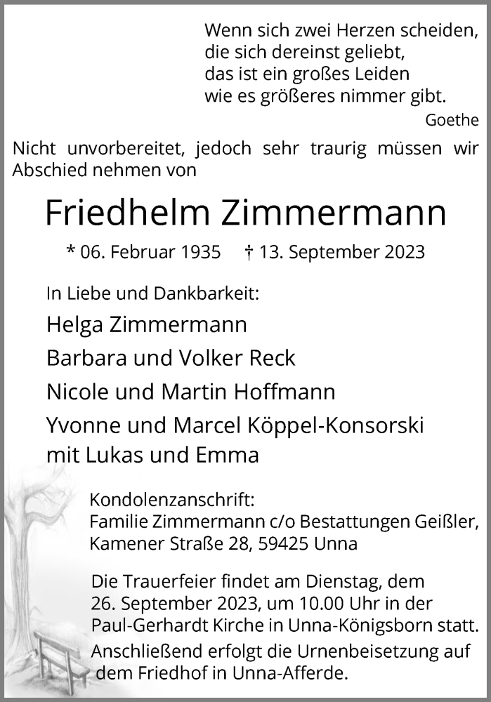  Traueranzeige für Friedhelm Zimmermann vom 16.09.2023 aus Hellweger Anzeiger