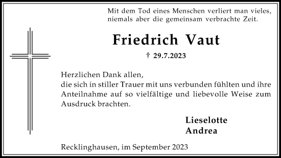 Traueranzeige von Friedrich Vaut von Medienhaus Bauer