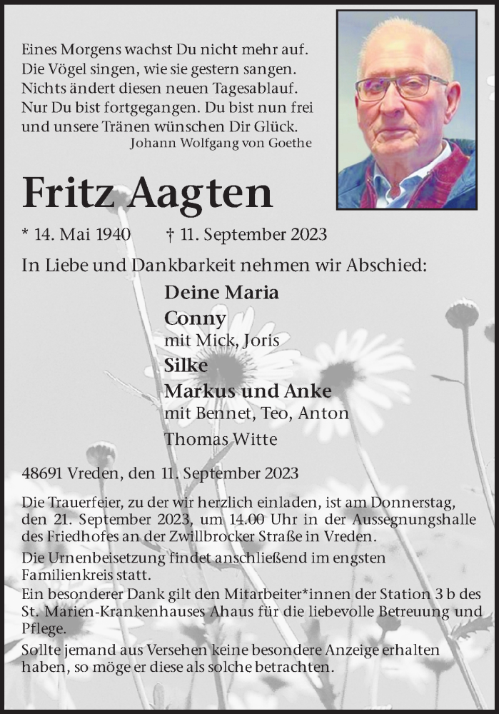  Traueranzeige für Fritz Aagten vom 18.09.2023 aus Münstersche Zeitung und Münsterland Zeitung