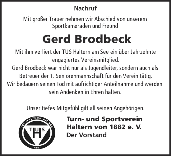 Traueranzeige von Gerd Brodbeck von Ruhr Nachrichten und Halterner Zeitung