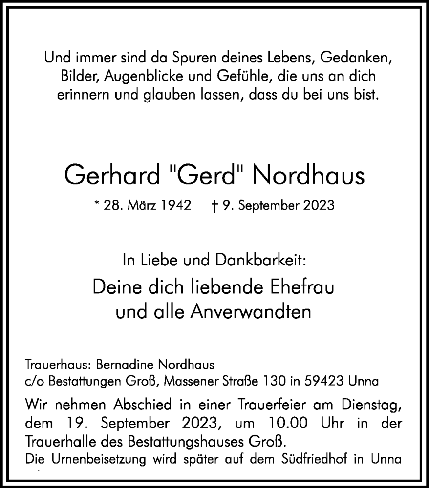  Traueranzeige für Gerhard Nordhaus vom 16.09.2023 aus Hellweger Anzeiger