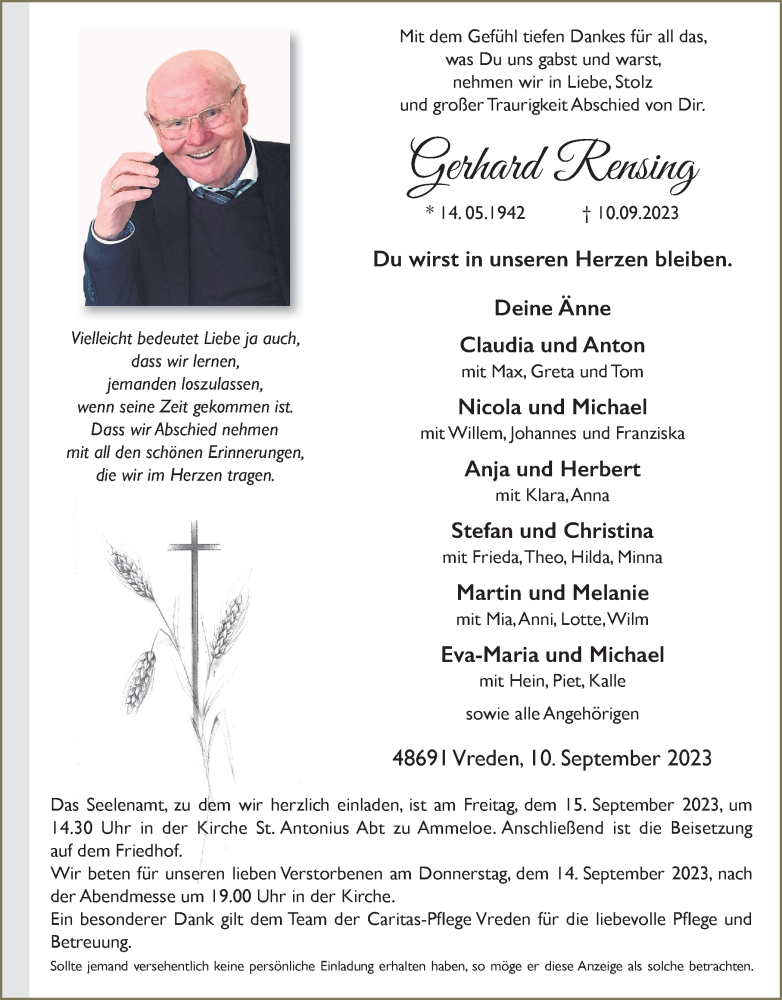  Traueranzeige für Gerhard Rensing vom 14.09.2023 aus Münstersche Zeitung und Münsterland Zeitung