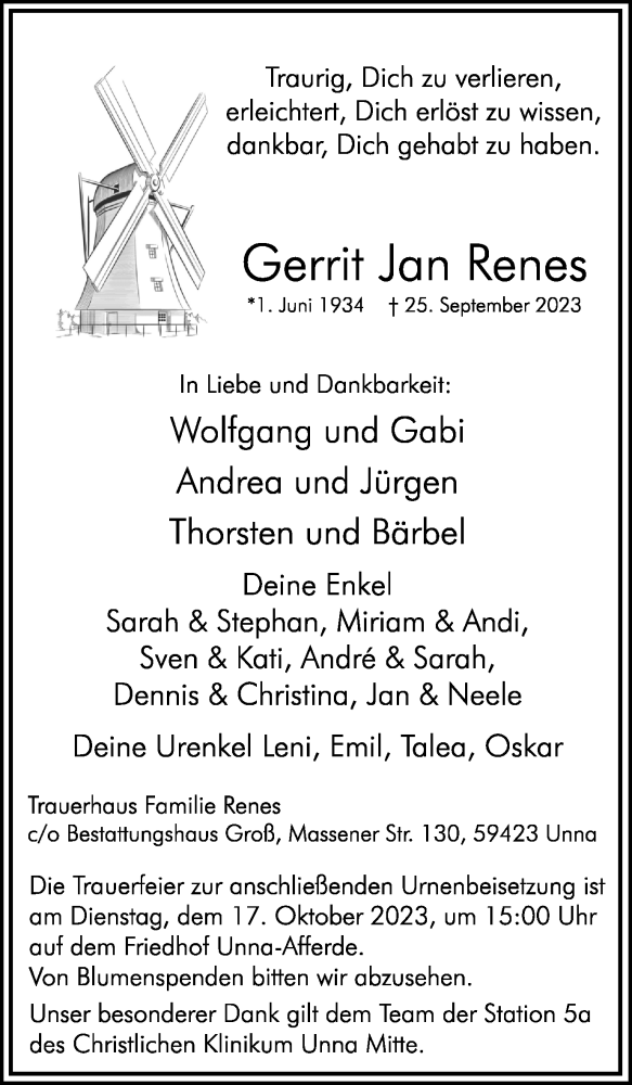 Traueranzeige für Gerrit Jan Renes vom 30.09.2023 aus Hellweger Anzeiger