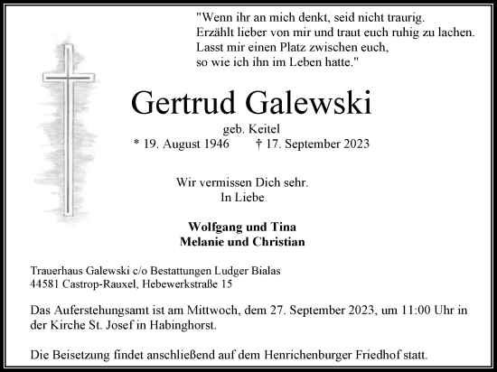 Traueranzeige von Gertrud Galewski 