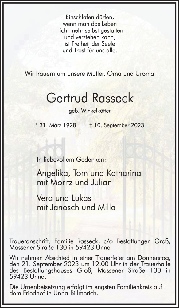  Traueranzeige für Gertrud Rasseck vom 16.09.2023 aus Hellweger Anzeiger