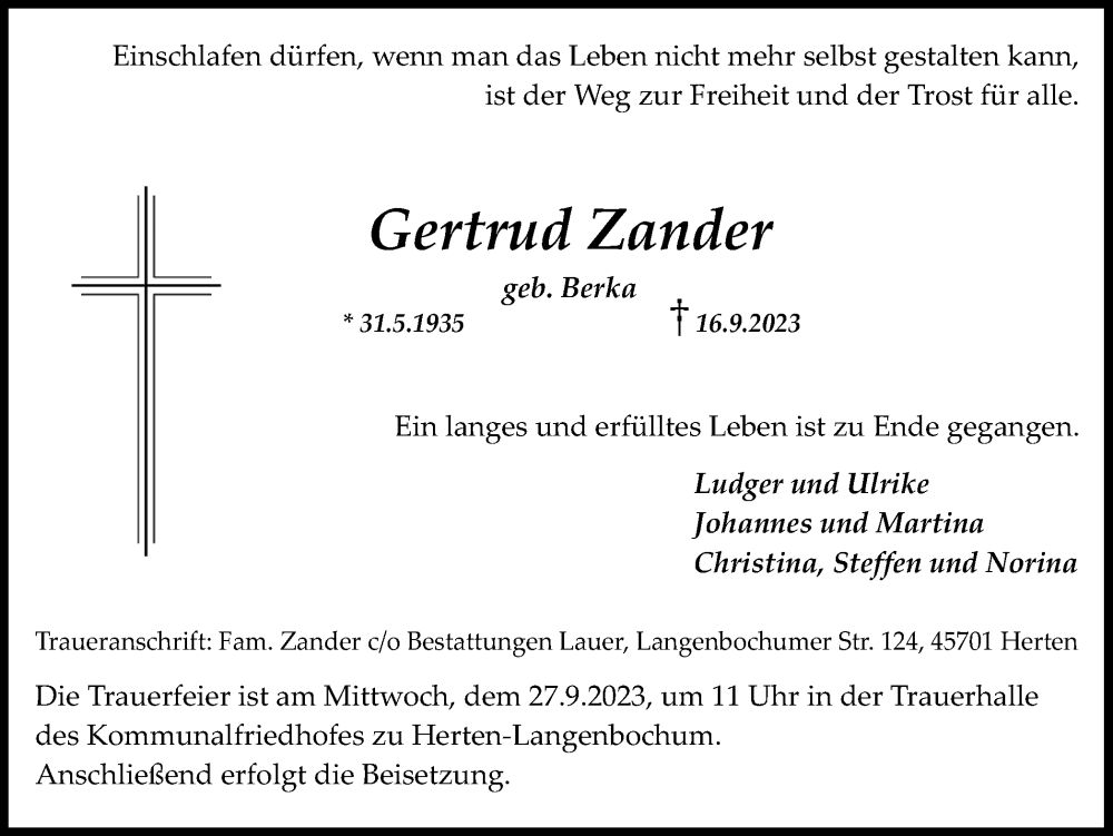  Traueranzeige für Gertrud Zander vom 20.09.2023 aus Medienhaus Bauer