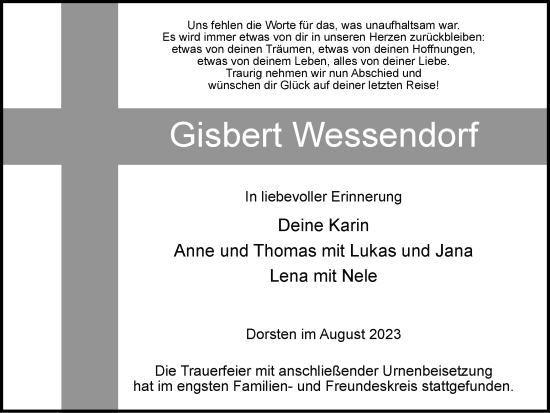 Traueranzeige von Gisbert Wessendorf von Ruhr Nachrichten und Dorstener Zeitung