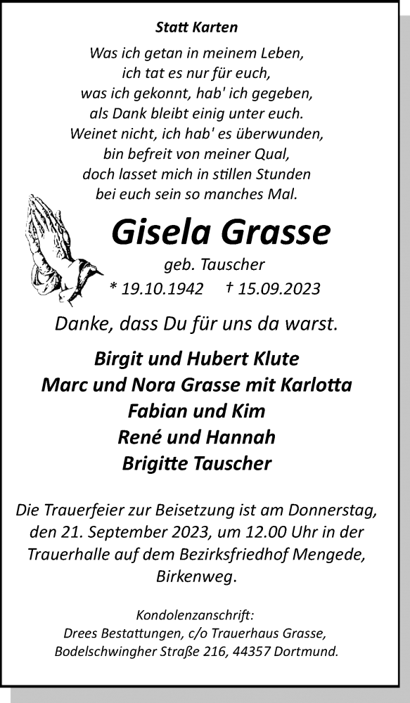  Traueranzeige für Gisela Grasse vom 19.09.2023 aus 