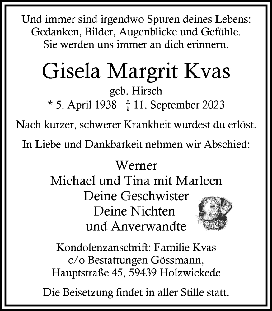  Traueranzeige für Gisela Margrit Kvas vom 16.09.2023 aus Hellweger Anzeiger