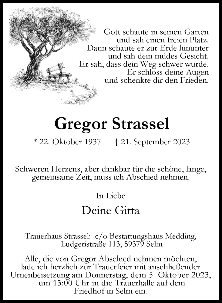  Traueranzeige für Gregor Strassel vom 27.09.2023 aus Ruhr Nachrichten