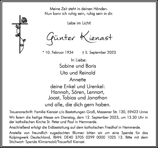 Traueranzeige von Günter Kienast von Hellweger Anzeiger