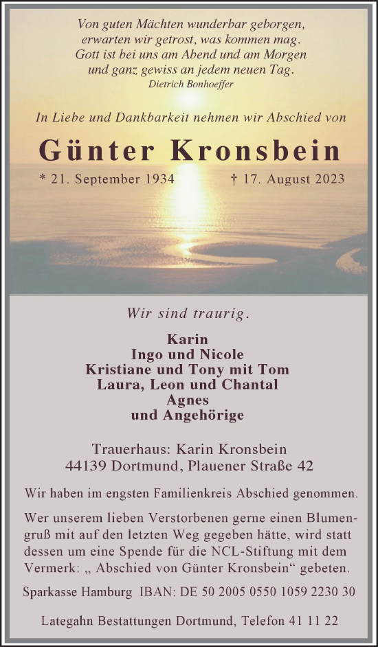 Traueranzeige von Günter Kronsbein 