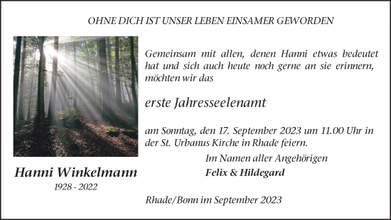 Traueranzeige von Hanni Winkelmann von Ruhr Nachrichten und Dorstener Zeitung