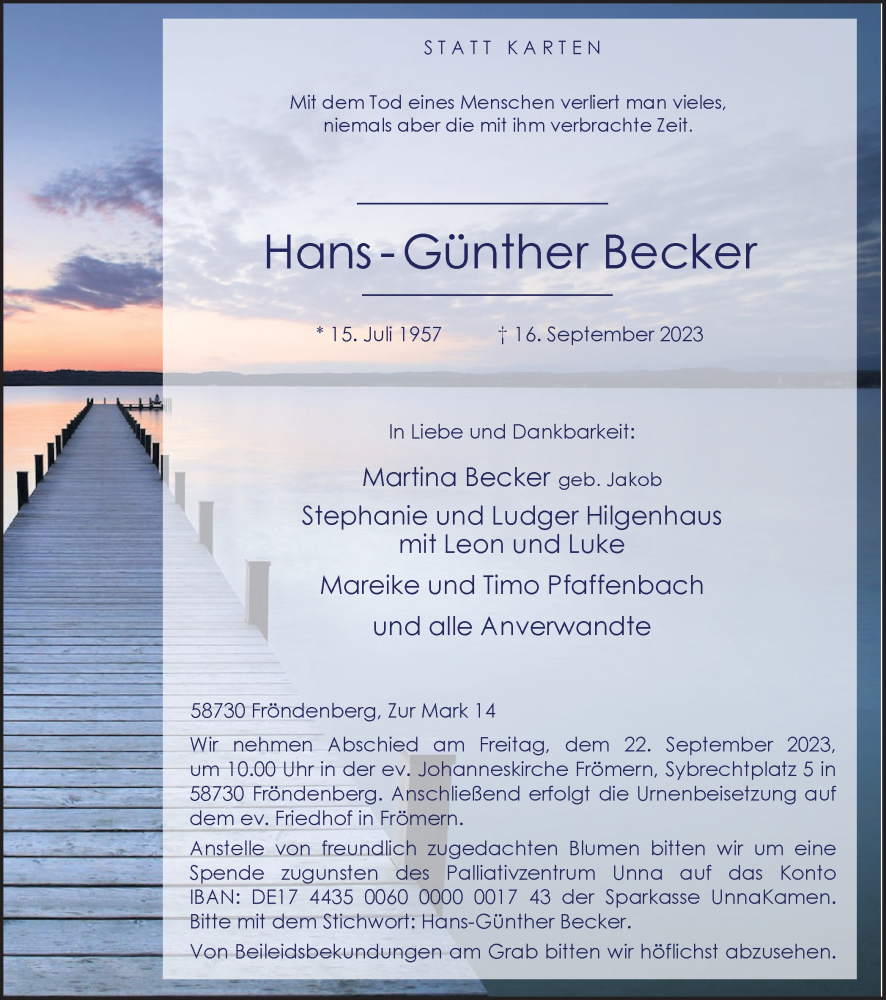  Traueranzeige für Hans-Günther Becker vom 19.09.2023 aus Hellweger Anzeiger