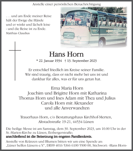 Traueranzeige von Hans Horn von Ruhr Nachrichten