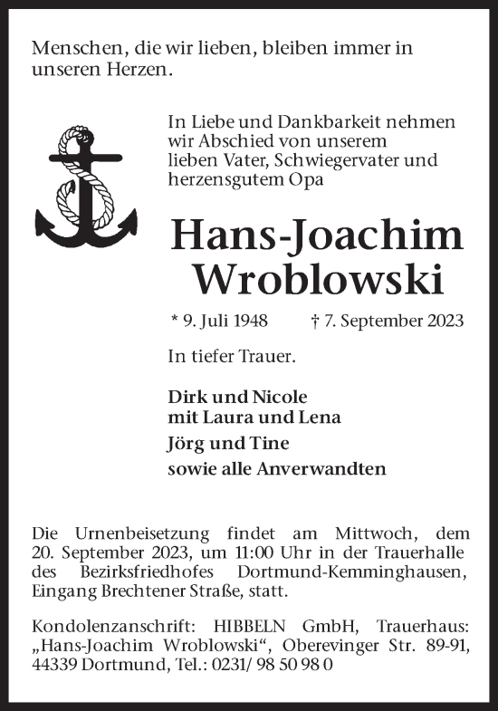 Traueranzeige von Hans-Joachim Wroblowski von Ruhr Nachrichten