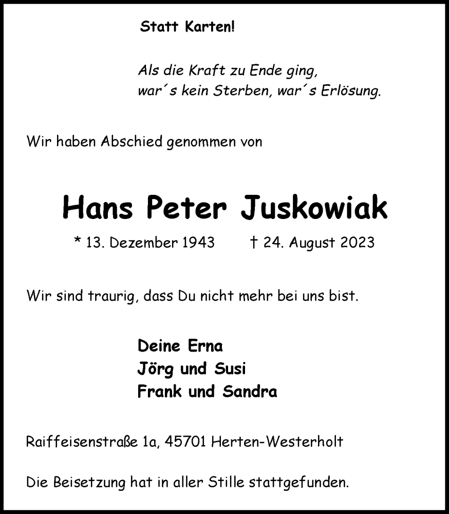  Traueranzeige für Hans Peter Juskowiak vom 01.09.2023 aus Medienhaus Bauer