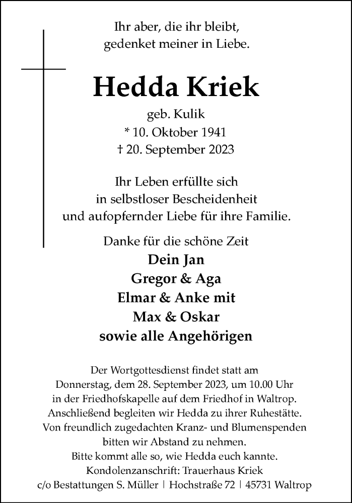  Traueranzeige für Hedda Kriek vom 23.09.2023 aus Medienhaus Bauer