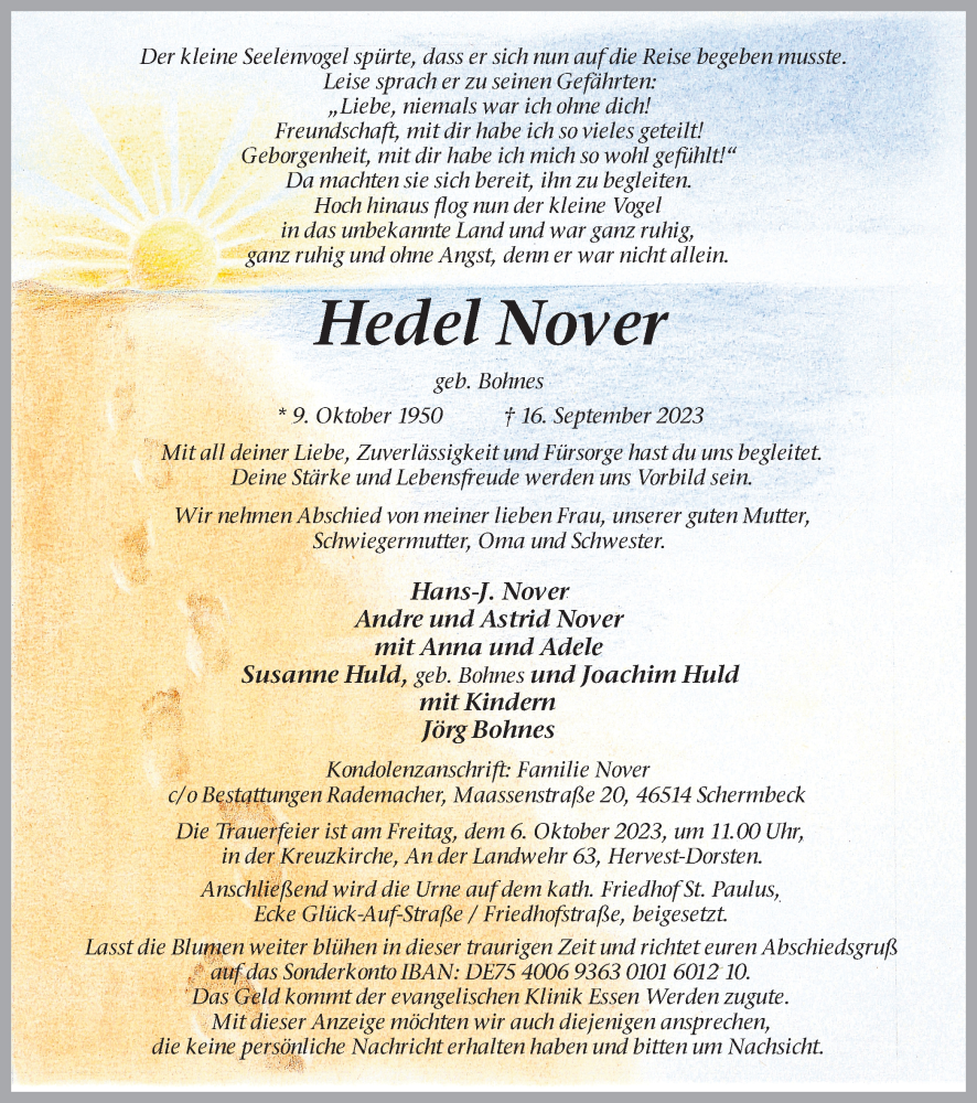  Traueranzeige für Hedel Nover vom 23.09.2023 aus Ruhr Nachrichten und Dorstener Zeitung