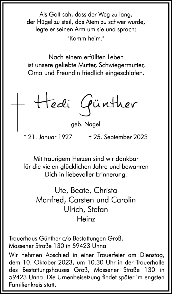 Traueranzeige von Hedi Günther von Hellweger Anzeiger