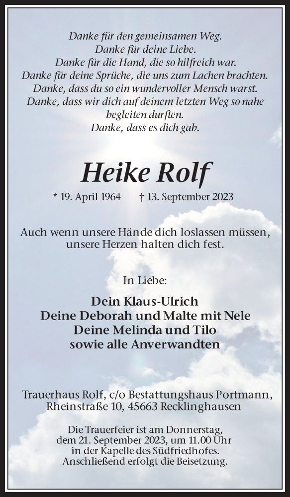  Traueranzeige für Heike Rolf vom 16.09.2023 aus Medienhaus Bauer