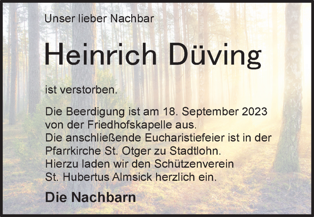  Traueranzeige für Heinrich Düving vom 15.09.2023 aus Münstersche Zeitung und Münsterland Zeitung