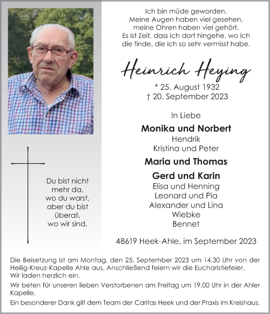 Traueranzeige von Heinrich Heying von Münstersche Zeitung und Münsterland Zeitung