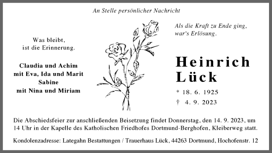 Traueranzeige von Heinrich Lück 