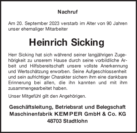 Traueranzeige von Heinrich Sicking von Münstersche Zeitung und Münsterland Zeitung