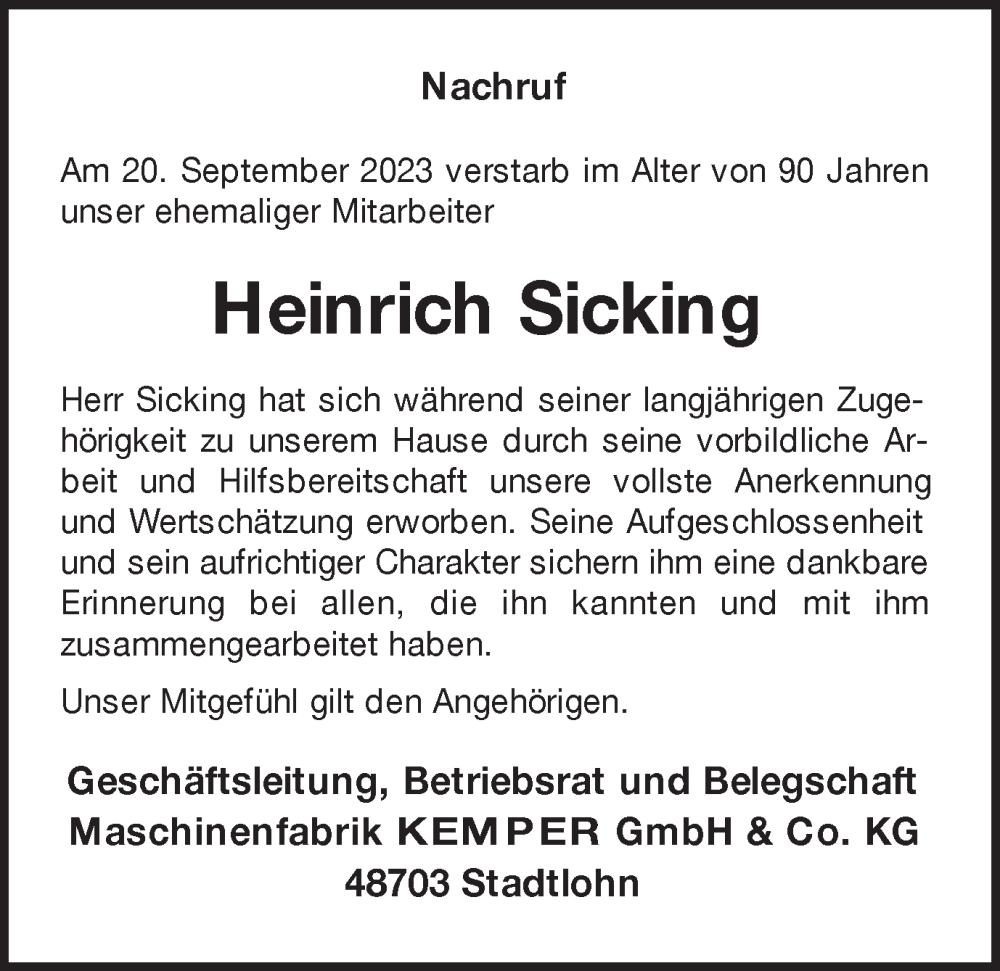  Traueranzeige für Heinrich Sicking vom 27.09.2023 aus Münstersche Zeitung und Münsterland Zeitung