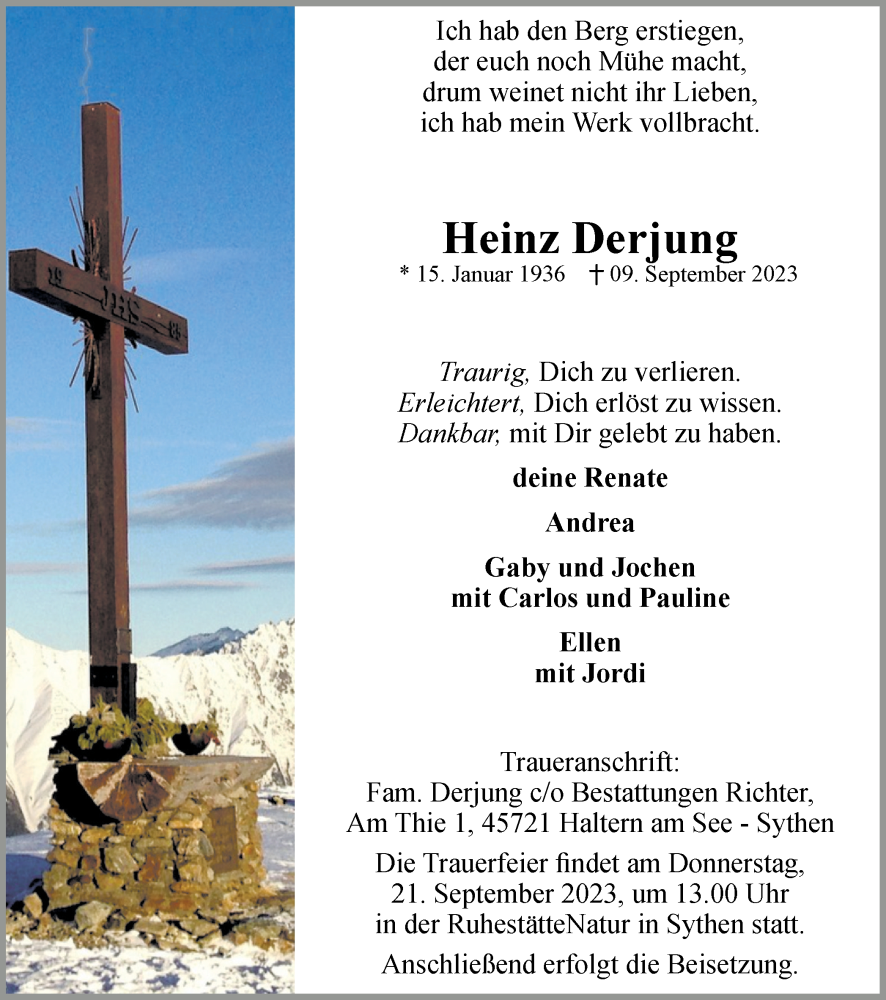  Traueranzeige für Heinz Derjung vom 16.09.2023 aus Ruhr Nachrichten und Halterner Zeitung