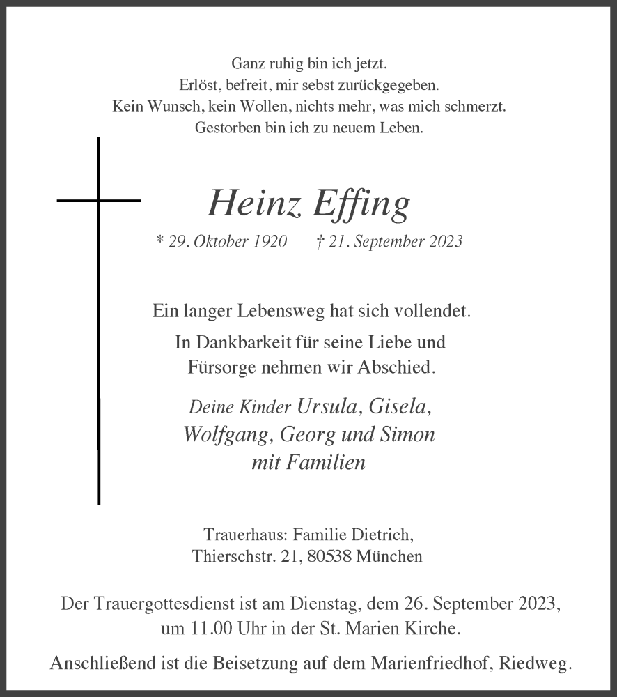  Traueranzeige für Heinz Effing vom 23.09.2023 aus Ruhr Nachrichten und Dorstener Zeitung