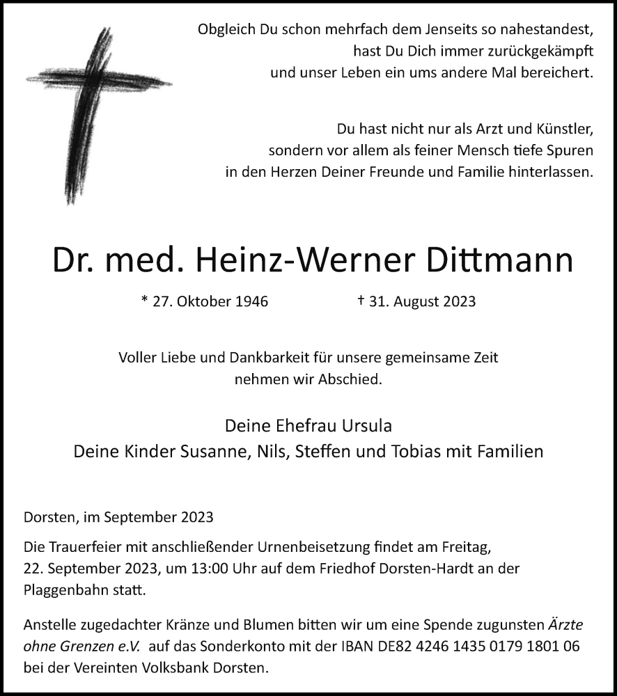  Traueranzeige für Heinz-Werner Dittmann vom 16.09.2023 aus Ruhr Nachrichten und Dorstener Zeitung