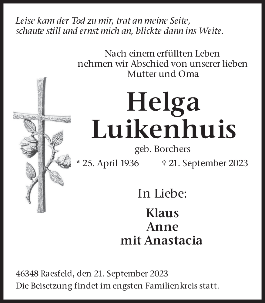  Traueranzeige für Helga Luikenhuis vom 23.09.2023 aus Ruhr Nachrichten und Dorstener Zeitung