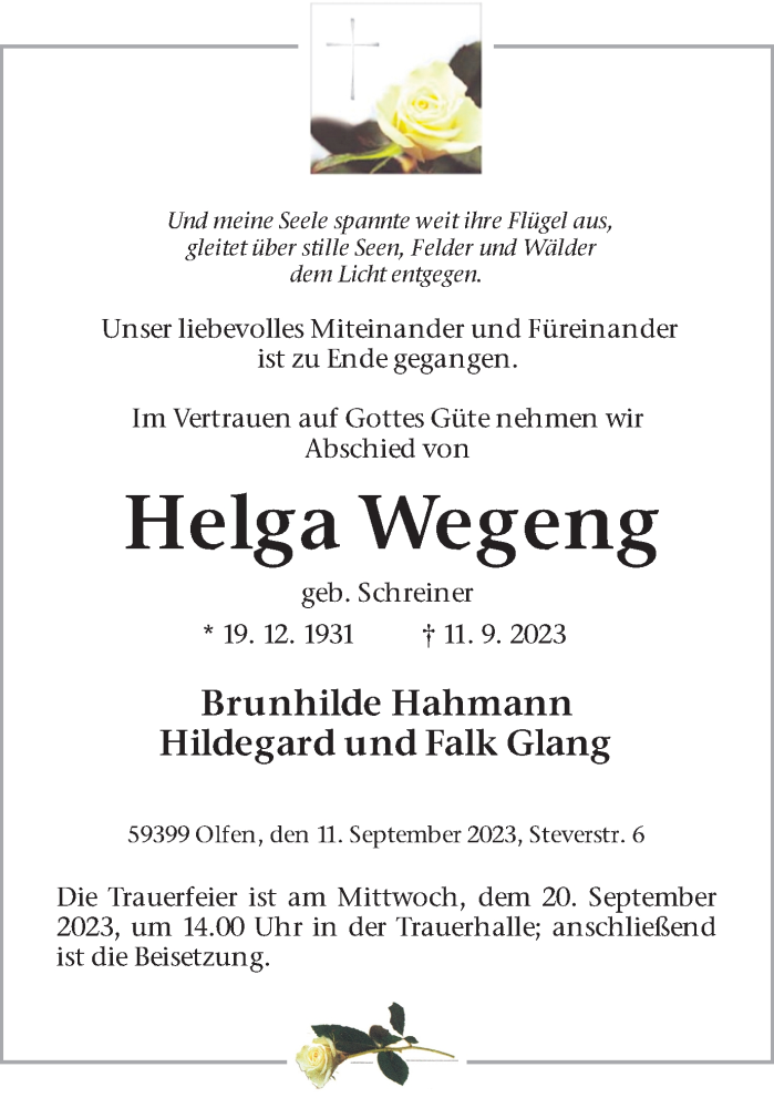  Traueranzeige für Helga Wegeng vom 16.09.2023 aus Ruhr Nachrichten