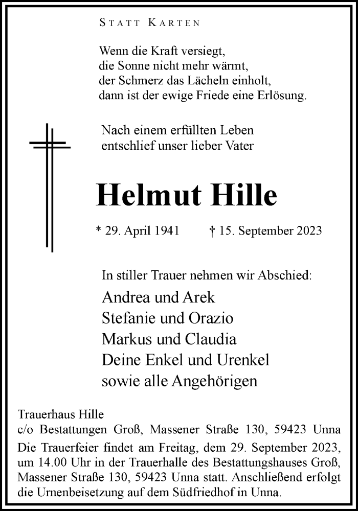  Traueranzeige für Helmut Hille vom 23.09.2023 aus Hellweger Anzeiger