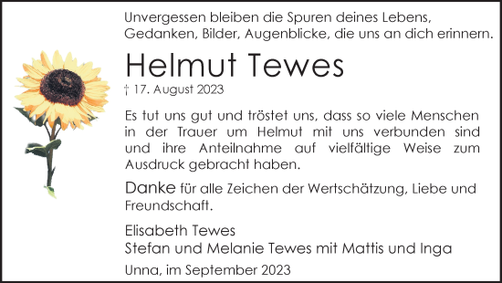Traueranzeige von Helmut Tewes von Hellweger Anzeiger