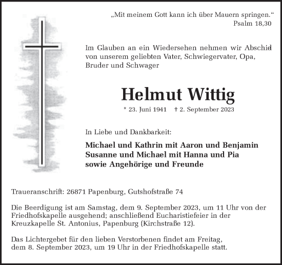 Traueranzeige von Helmut Wittig von Hellweger Anzeiger