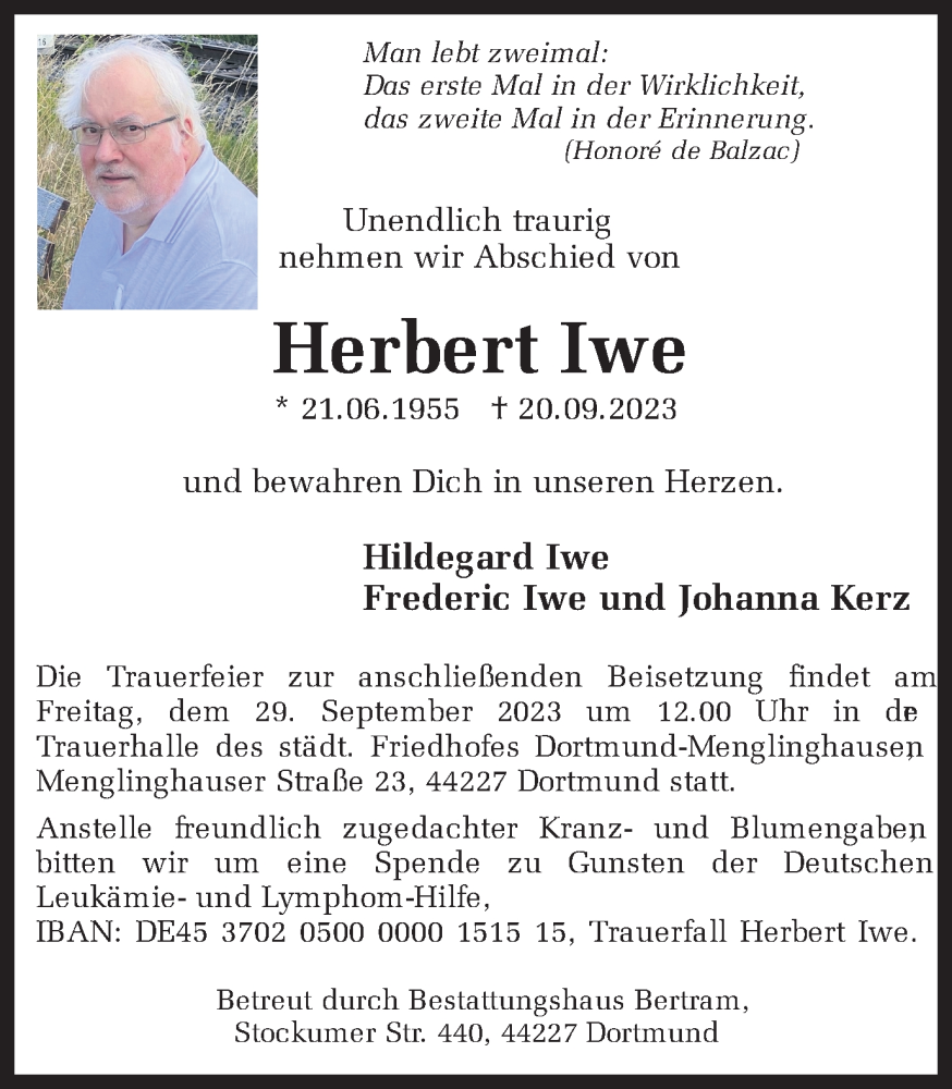  Traueranzeige für Herbert Iwe vom 23.09.2023 aus 
