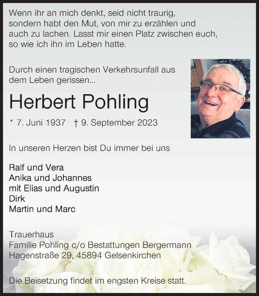  Traueranzeige für Herbert Pohling vom 16.09.2023 aus Ruhr Nachrichten und Dorstener Zeitung