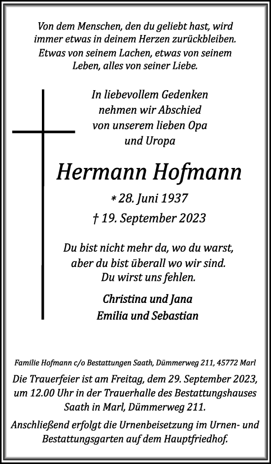Traueranzeige von Hermann Hofmann